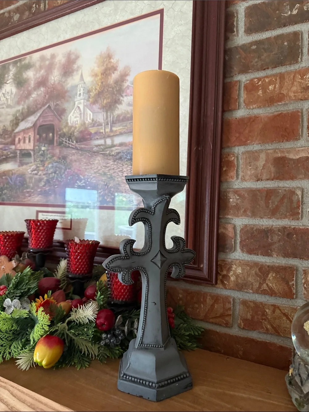 Vintage 80s Gothic Fleur-de-Lis Grey Stone-Look Cross Candle Holder - 18